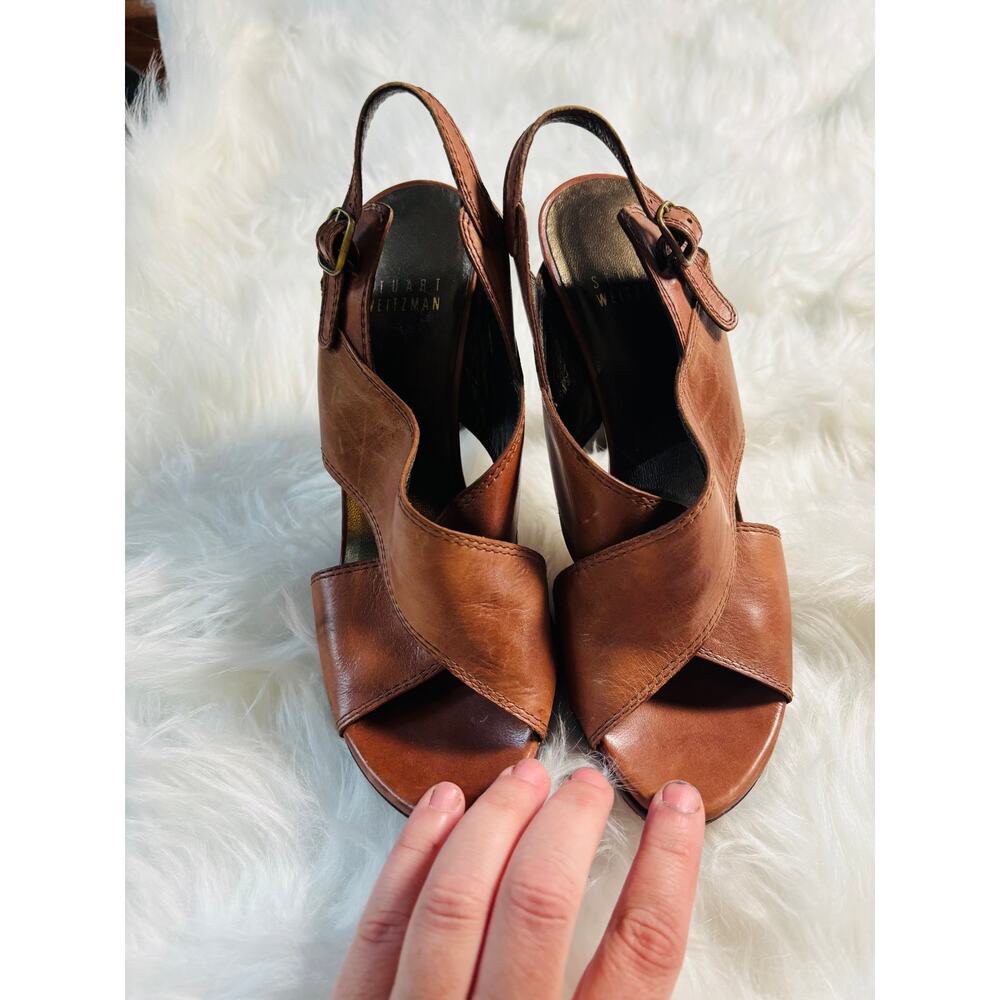 Stuart Weitzman Brown Leather Open-Toe Slingback Heels
